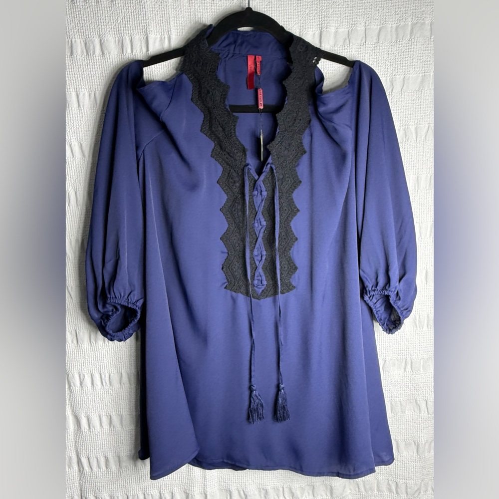 Love Scarlet Navy Blue Peasant Blouse with Black Lace Trim